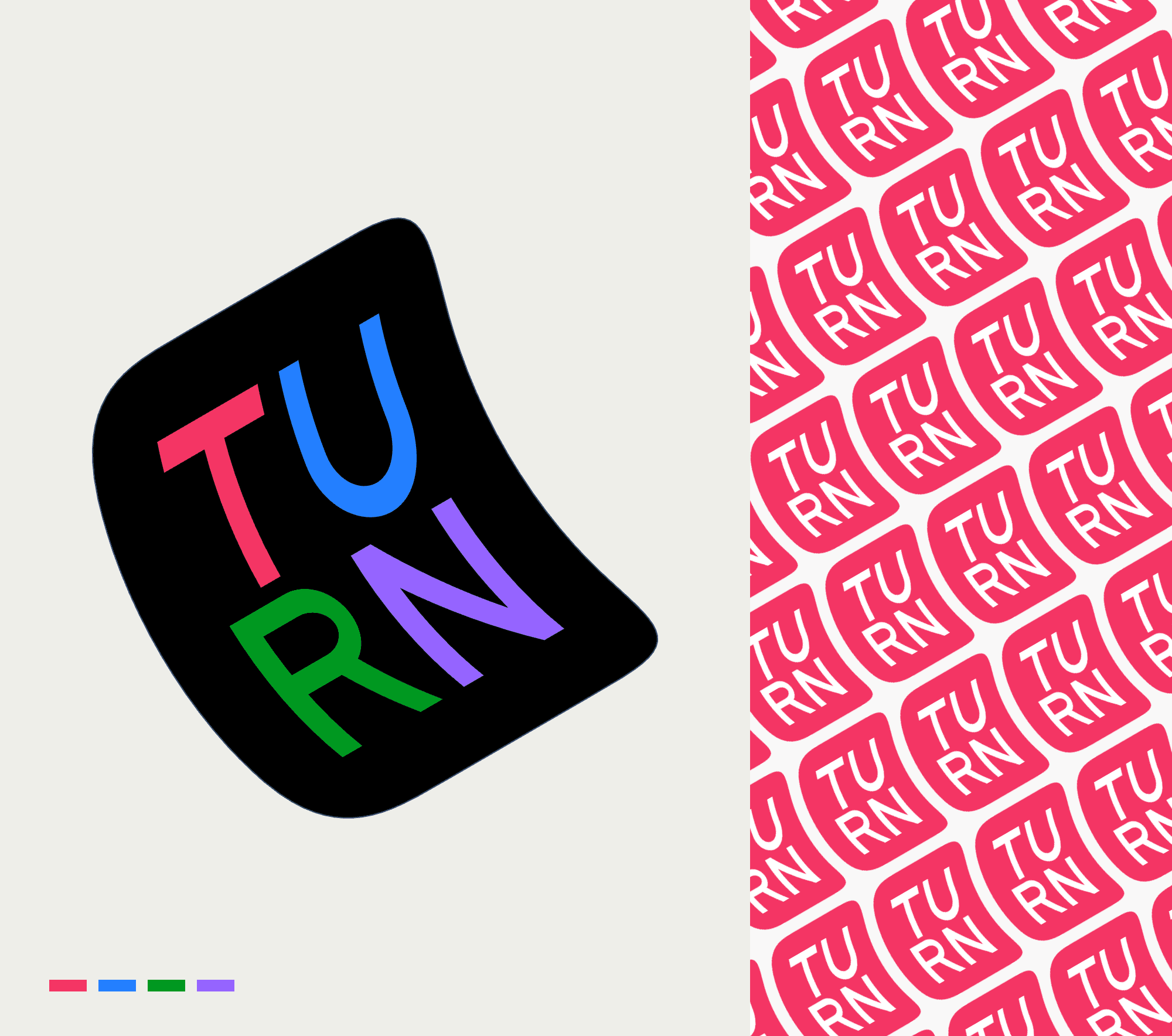 The full-colour Turn mark beside a connected pattern made from the original folded shape.