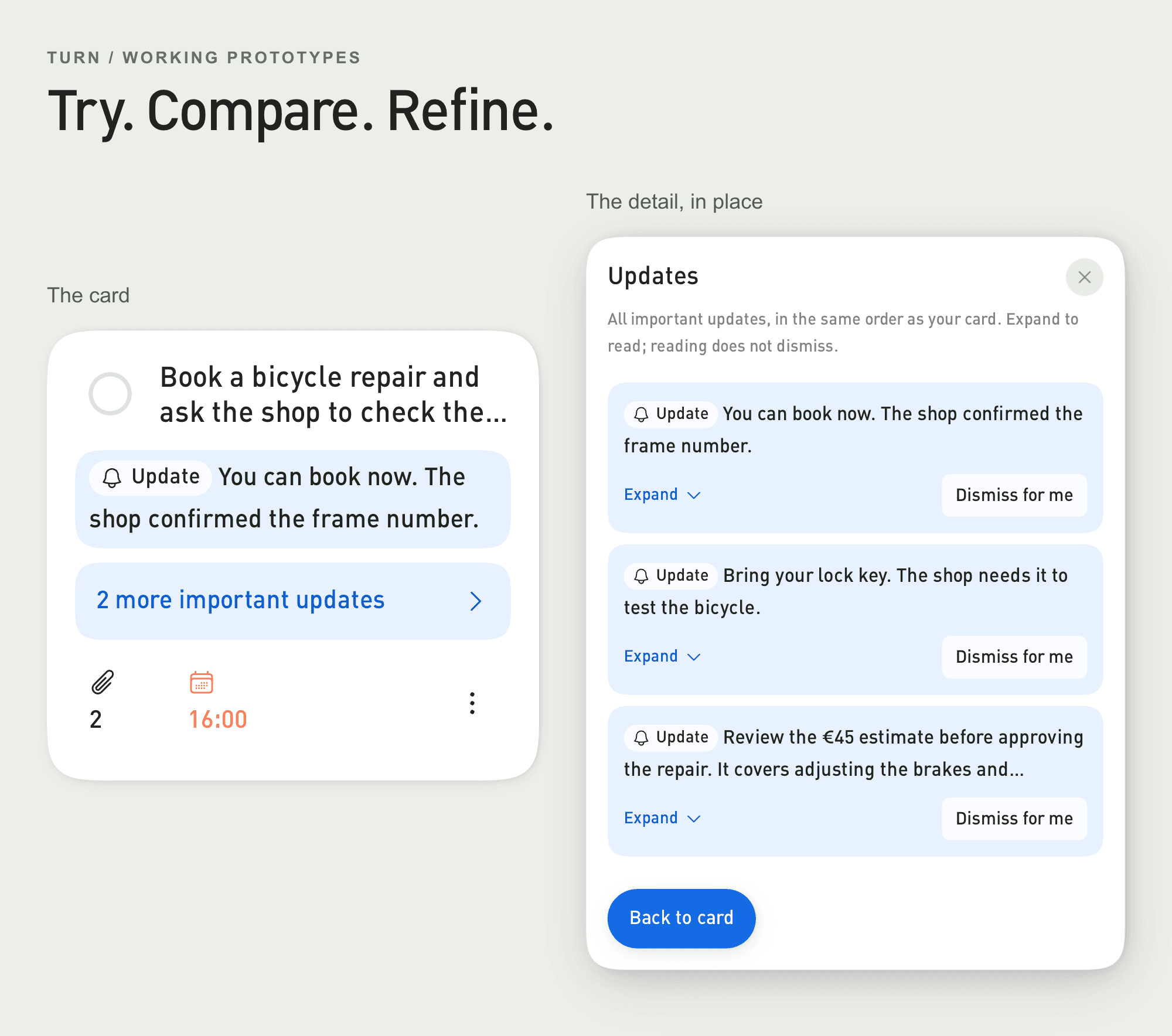 A working Turn card opens into its peek overlay, with ordering, text length and update counts to explore.