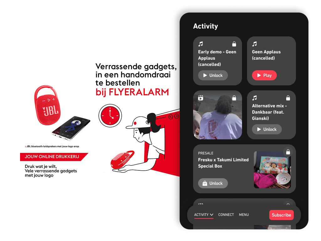 Desktop activity concept with promotional artwork and staged music, video, presale, and locked access cards.