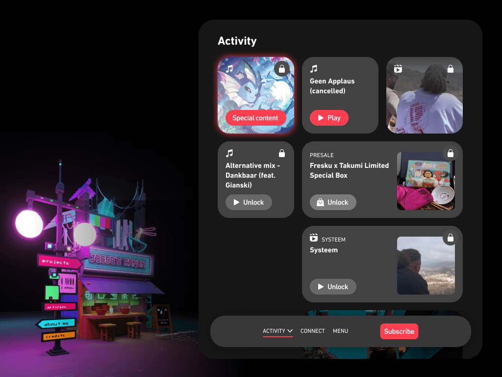 Desktop activity concept with a neon creator space and staged music, product, video, and support cards.