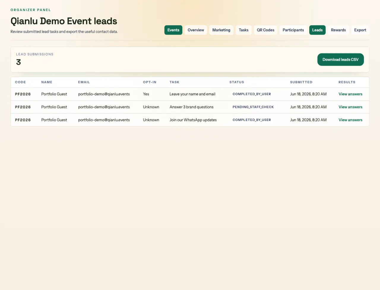 Admin lead capture report screen.