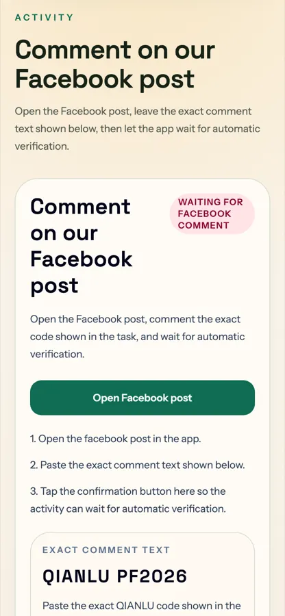 Mobile Facebook comment verification task.