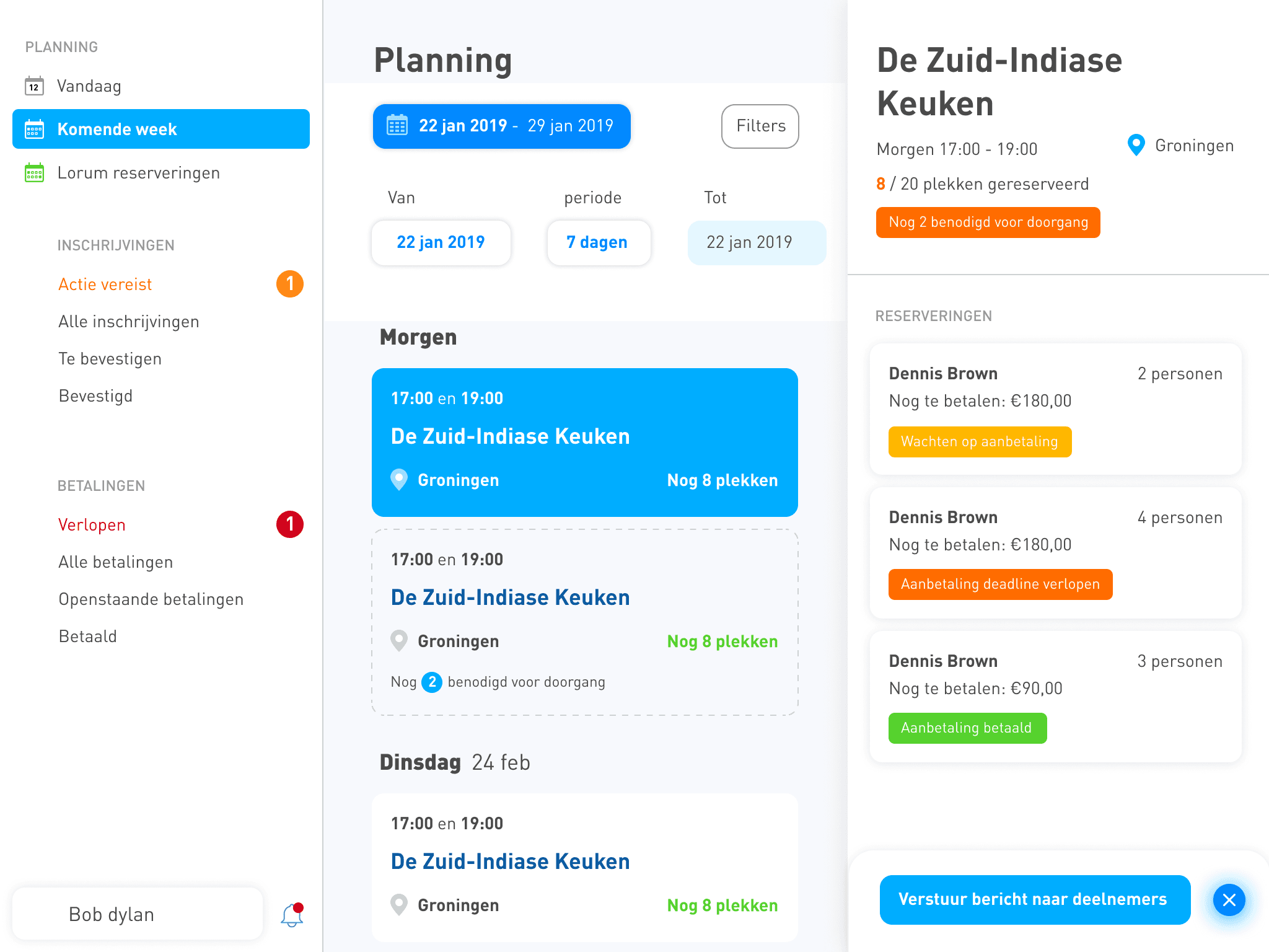 Glem Next weekly planning screen with reservation cards, capacity, and payment states.