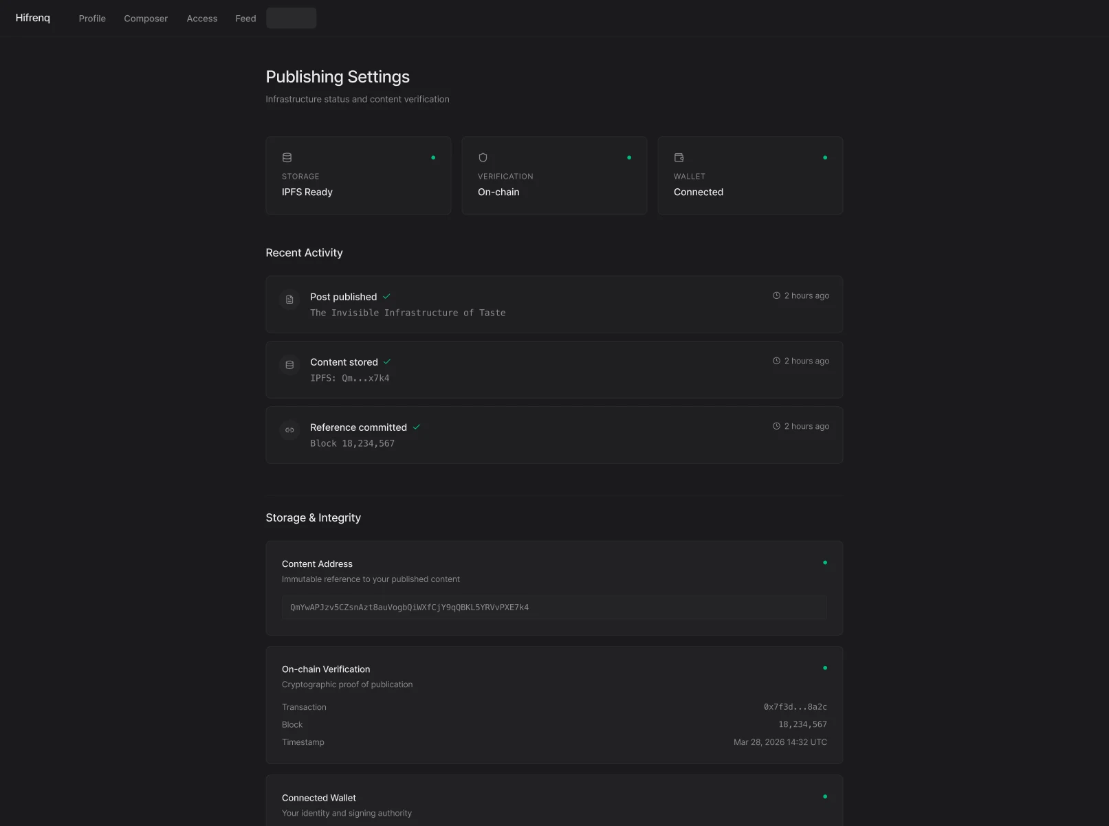 Hifrenq desktop publishing settings with IPFS, wallet, and on-chain verification states.
