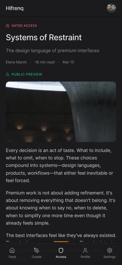Hifrenq mobile gated access article view.