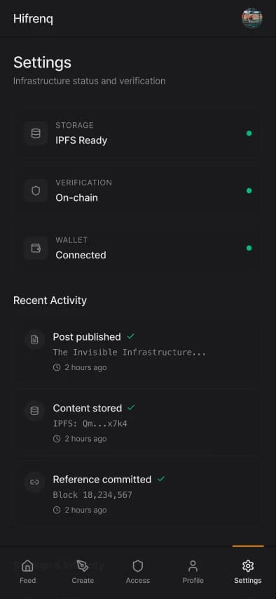 Hifrenq mobile settings view showing IPFS, verification, wallet, and recent activity.