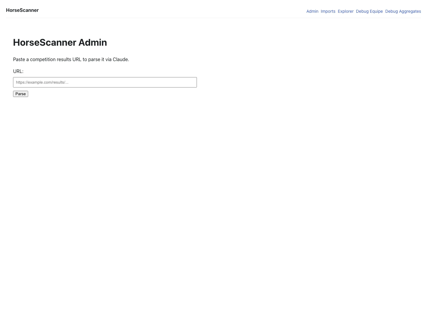 HorseScanner admin dashboard with parser controls and recent competition imports.