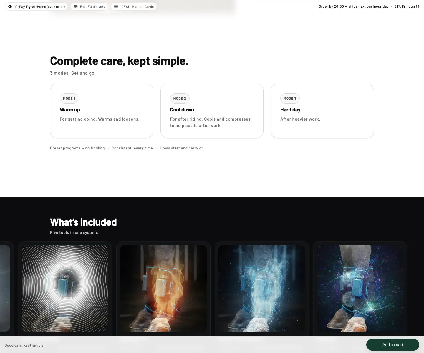 Live HorseLink product page modes and included-care section.