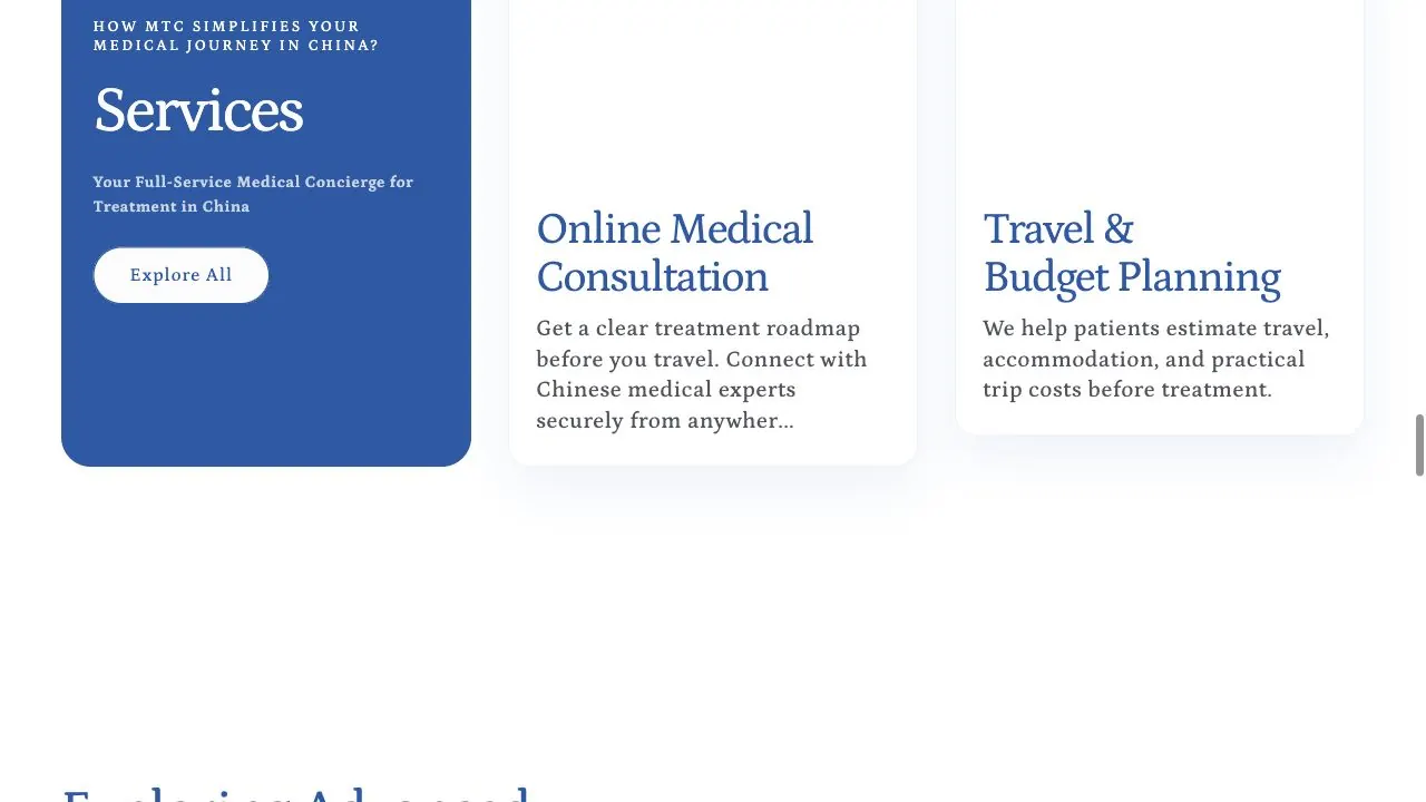 Homepage services section for Medical Tour To China.