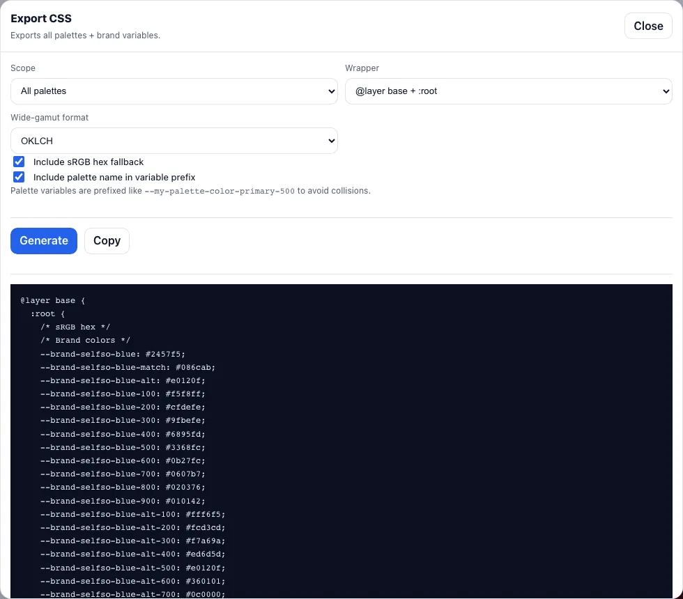 Export CSS modal with generated design-token variables.