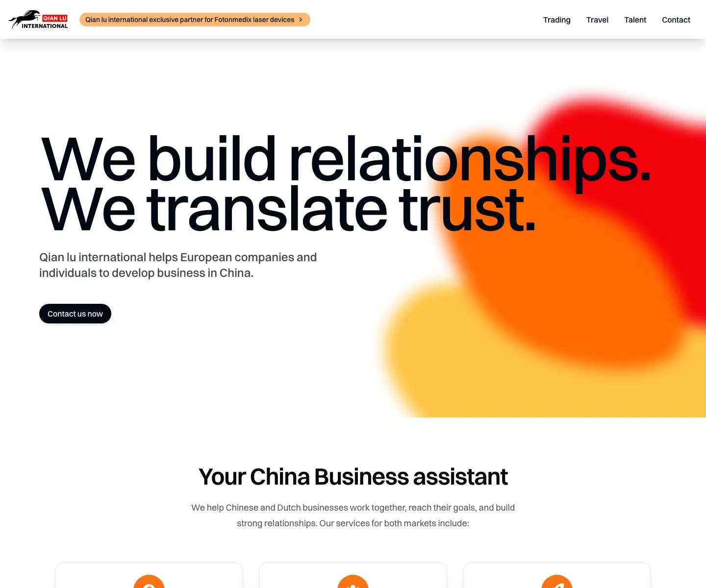 Live Qian Lu International homepage screenshot with the relationship and trust hero.