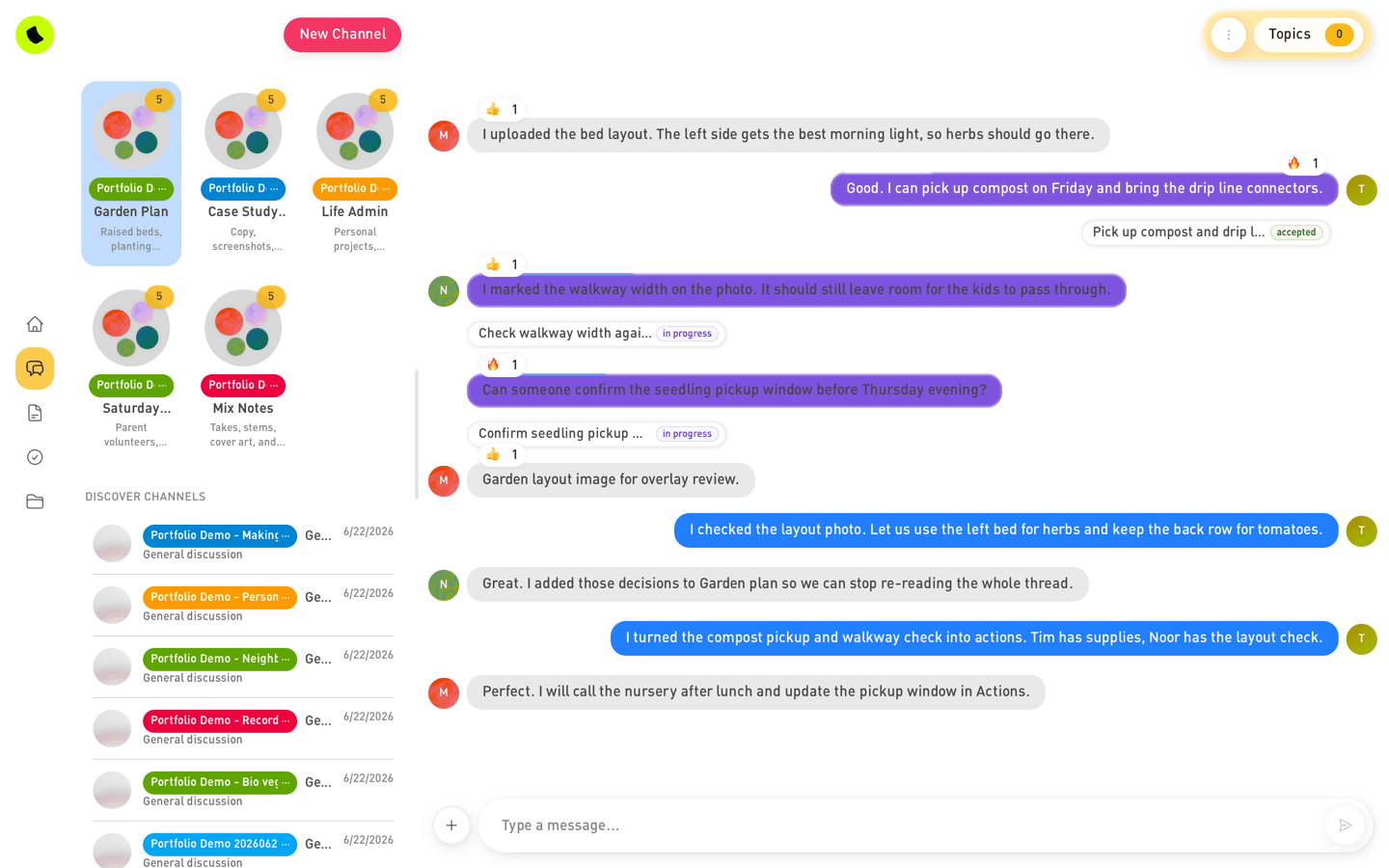 Selfso all-spaces desktop chat view for Portfolio Demo with garden, music, websites, life admin, and neighbors spaces.