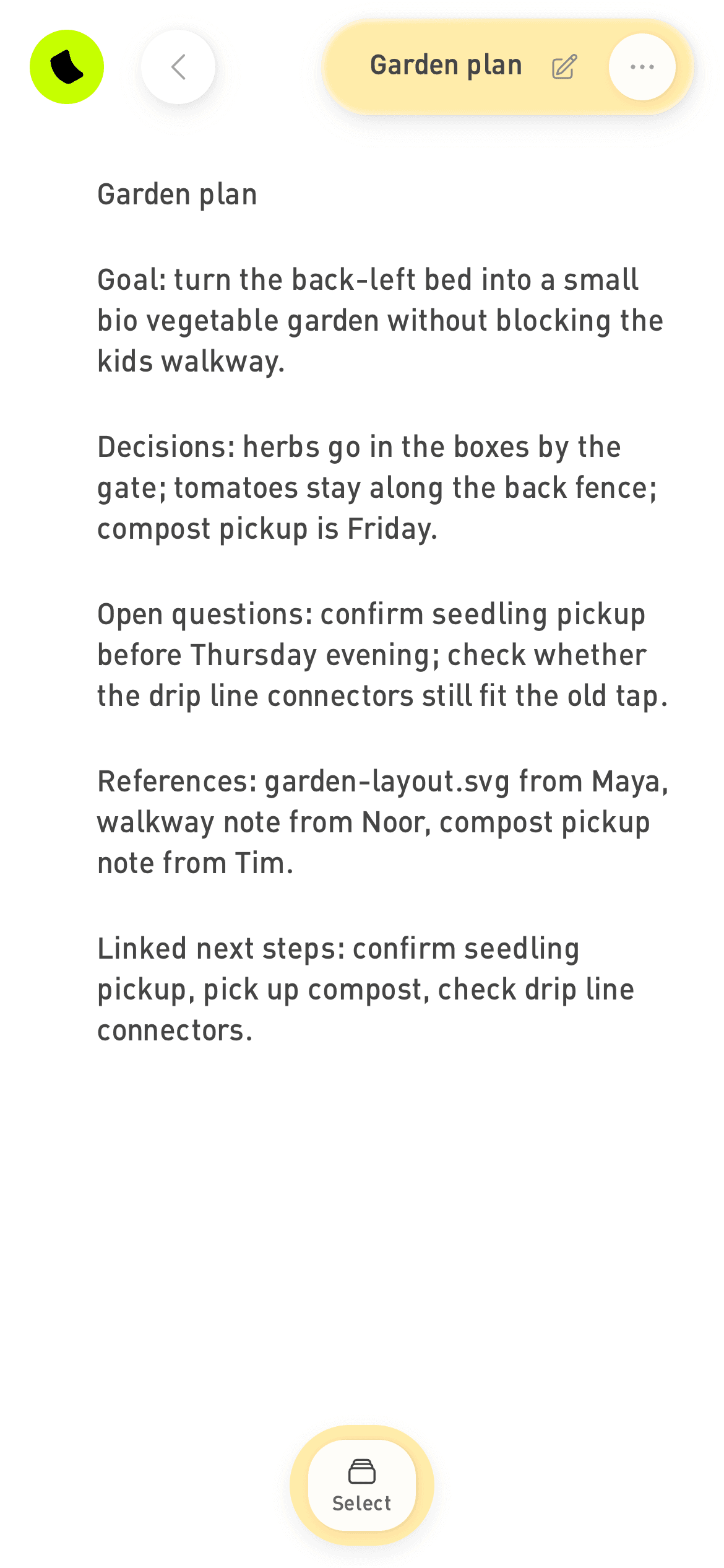 Selfso all-spaces mobile page view for the garden plan with decisions, references, and next steps.